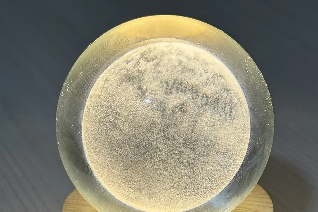 Une veilleuse en forme de lune, posée sur un socle en bois, éclaire doucement la pénombre